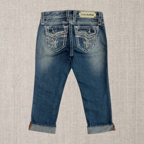 Rock Revival Denim - Rock Revival Kai Capri Distressed Low-Rise Rhinestone Embellished Denim Jeans 26